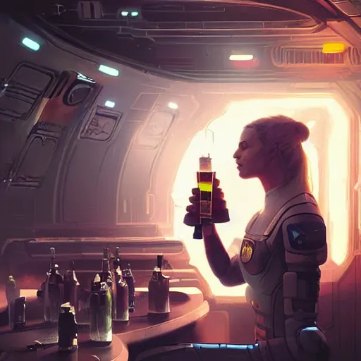 Image similar to a space soldier woman drinking beer from a space station bar, Matte painting , detailed painting, greg rutkowski