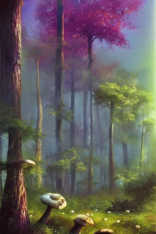 Image similar to digital painting detailed forest tree magical forest flowers mushrooms painted by John Harris