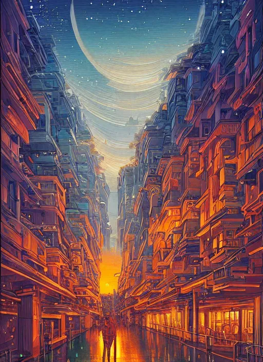 Image similar to ethereal starlit city at sunset, italian futurism, da vinci, Dan Mumford, Josan Gonzalez