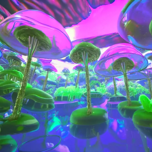 Prompt: jello Mushrooms covering the inside of prismatic jungle, fairy dust in the air, unreal engine