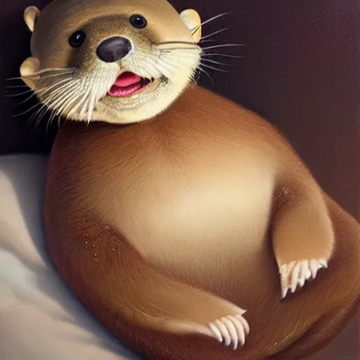 Prompt: an anthropomorphic otter wearing a night cap, in bed, smiling, head resting on a pillow, eyes closed, realistic, very detailed, high quality, masterpiece, oil painting by artgerm, by Ralph Horsley