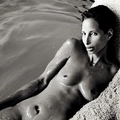 Image similar to Herb Ritts sepia-toned high-contrast photo of Christy Turlington emerging from a milk bath, vignette, grainy film, shallow depth of field