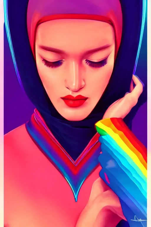 Image similar to 🧕🏽🌈, 8 0 s art deco, artstation, moebius + artgerm, hd,