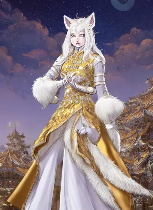 Image similar to commissioned full body portrait of a female anthro wolf-headed princess fursona with white hair wearing a white and gold chinese armored dress in a white and gold palace on a starry night with a large rescent moon, by a professional manga illustrator, Stanley Artgerm Lau, WLOP, Rossdraws, James Jean, Andrei Riabovitchev, Marc Simonetti, and Sakimichan, trending on artstation