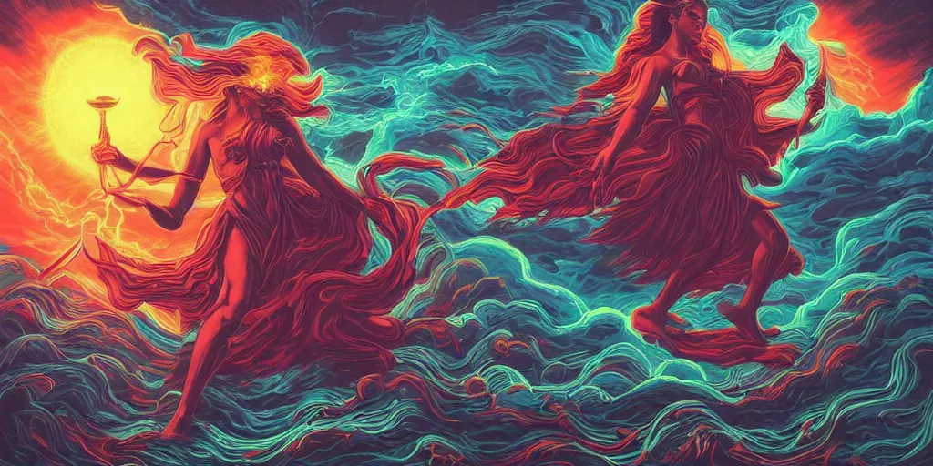 Prompt: artwork, masterpiece of from Dan Mumford collection ::La Chroma:: with a mage invoking divine gods while there's a storm and lightings, trending on ArtStation, art by Dan Mumford and details by artgerm