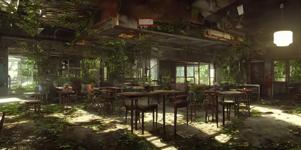 Image similar to interior, abandoned diner, photorealistic, vegetation, overgrowth, cinematic lighting, global illumination, unreal engine 5, screenshot from the last of us part 2