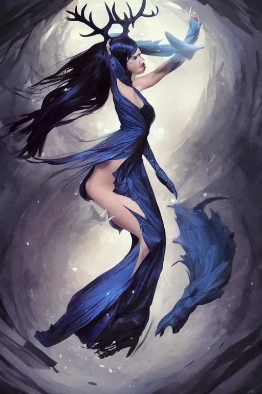 Prompt: fullbody!! dynamic action pose, beautiful woman with blue hair, big antlers on her head, long flowing black dress, dnd, face, fantasy, intricate, elegant, highly detailed, digital painting, artstation, concept art, smooth, sharp focus, illustration, art by artgerm and greg rutkowski and alphonse mucha