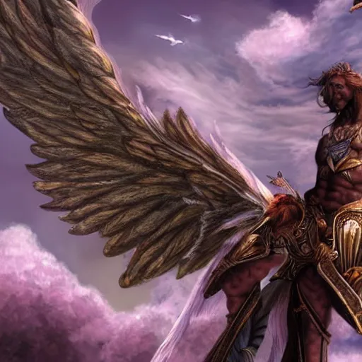 Image similar to hyperrealistic render of a winged male fantasy warrior flying through a magical world