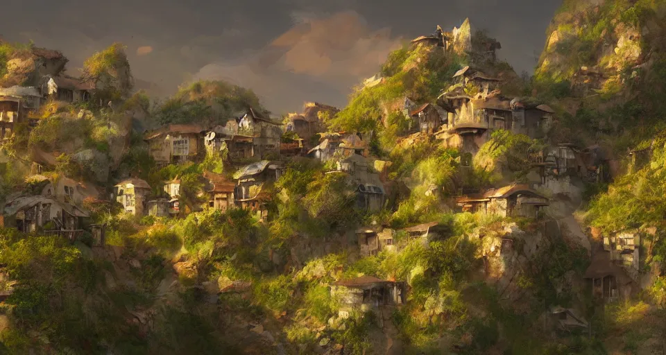 Prompt: natural beauty village on a mountain slope, realistic concept art, eytan zana, one pixel brush, lavander and yellow color scheme, dramatic lighting, concept art, trending on artstation