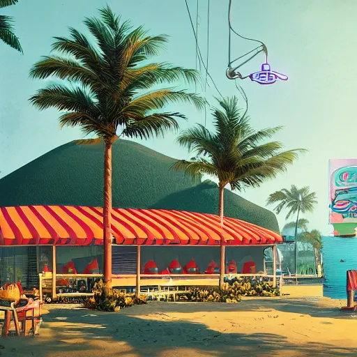 Image similar to inside beachfront fast food restaurant with palm trees by simon stalenhag