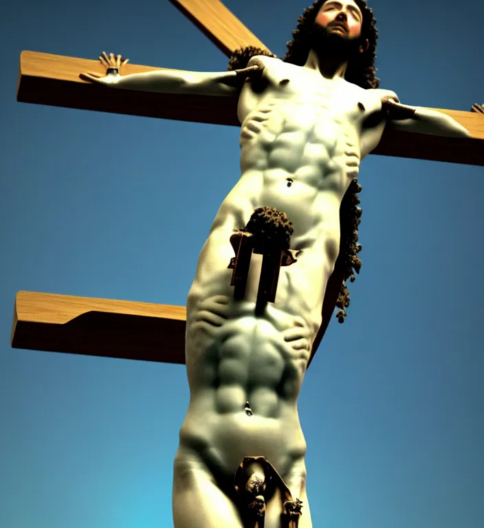 Prompt: detailed professional Renaissance photo of a cyborg-robotic-human crucified on the cross in a virtual reality vaporwave by Raphael Santi, William-Adolphe Bouguereau . still from a 2021 movie by Terrence Malick and Gaspar Noe, , 8k, photo, octane render