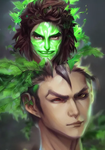 Image similar to A realistic anime portrait of a handsome dryad joker with glowing green eyes and tree bark skin wearing clothes made of leaves, digital painting, by Stanley Artgerm Lau, Sakimichan, WLOP and Rossdraws, digtial painting, trending on ArtStation, SFW version