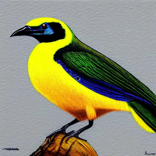 Prompt: a colored pencil drawing of a cap glossy starling by natalia rojas and ana maria martinez jaramillo, pastel color, yellow eye, gradient black and blue, wingspan, highly detailed, realistic graphite, artstation, 4 k, realism, photorealism, fine art