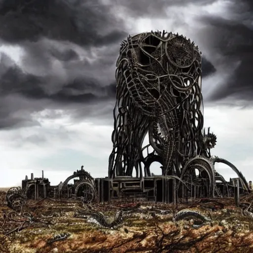 Image similar to giant evil bio-organic fleshy complex machine tower with tendrils and one eyeball at the top looking over a stormy post-apocalyptic wasteland, dystopian art