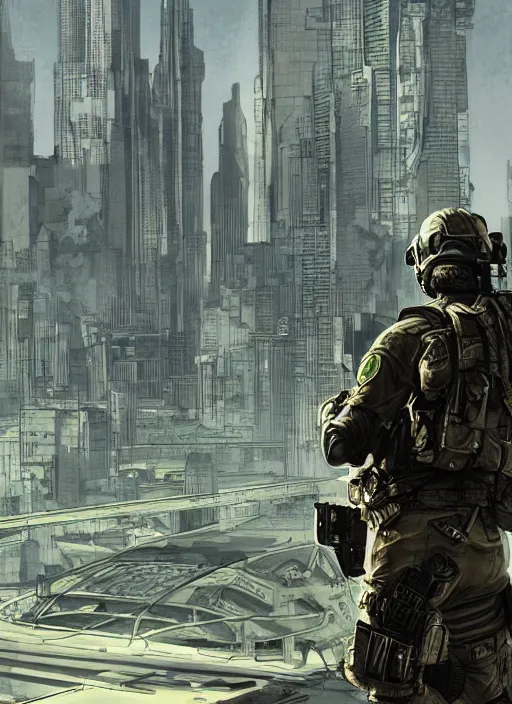 Image similar to Hector. USN special forces operator looking at city skyline. Agent wearing Futuristic stealth suit. rb6s, MGS, and splinter cell Concept art by James Gurney, Alphonso Mucha.