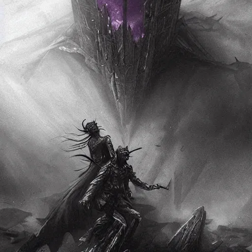 Prompt: two shadows with purple details are kissing in high detail fallout hell with extreme passion, around them everything is exploding, by bossmonsterbani and gustave dore dark dystopian concept art with beautiful cinematic elements