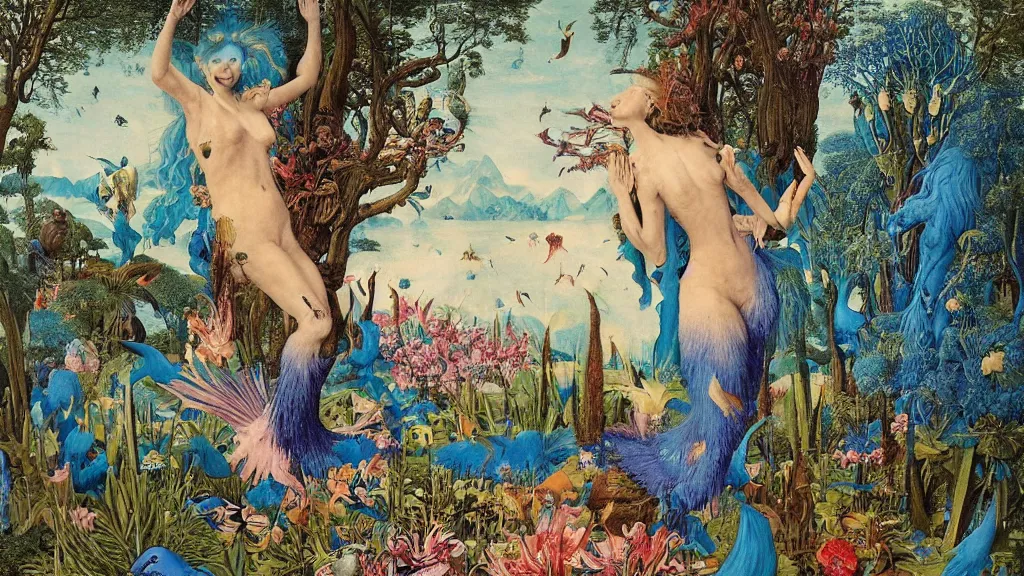 Prompt: a photograph of a grinning meditating blue harpy mermaid mutating into a wild hairy beast. surrounded by huge flowers and trees. river delta with mountains under a blue sky full of burning stars and birds. painted by jan van eyck, max ernst, ernst haeckel, ernst fuchs and artgerm. trending on artstation, fashion editorial