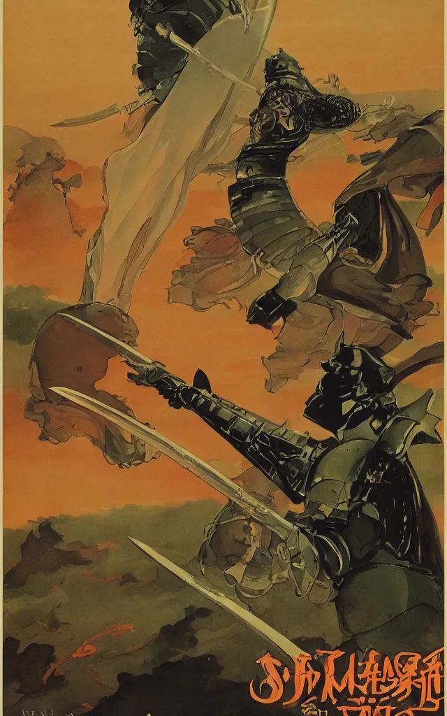 Prompt: on a strange vintage scifi planet, a samurai wizard knight goddess with large sword poses in glory, vintage scifi poster, winslow homer, moebius, roger dean, artstation