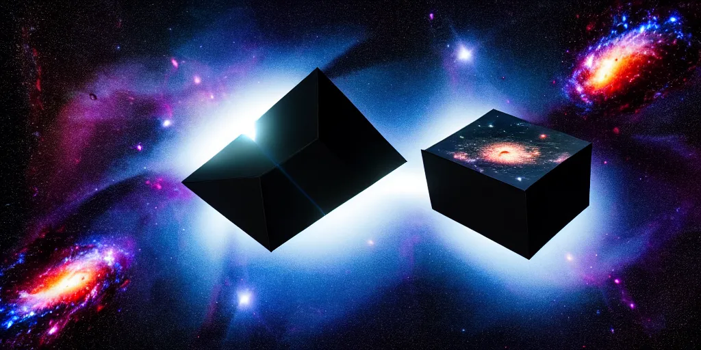 Prompt: A black cube projecting on its surface a black hole devouring galaxies and stars, floating In the middle of the ocean, Photography, Cinematic, Time-Lapse, Panorama, Field of View, 3-Dimensional, Hyperdimensional, 32k, Star, Cube, Powerful, Beautiful Lighting