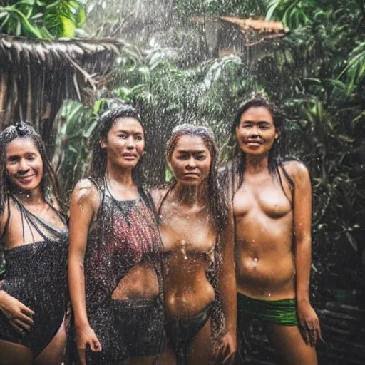 Prompt: 4 k hdr polaroid wide angle portrait of woman instagram models in a bali home in the jungle showering during a rainstorm shower in the jungle with moody overcast lighting