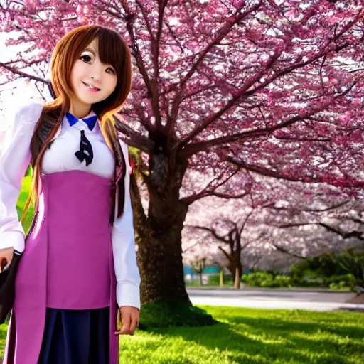 Prompt: Beautiful anime girl grinning while also wearing school attire with cherry blossoms in the background, anime style, 4K
