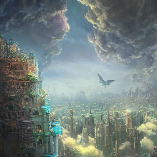 Prompt: An epic fantasy comic book style painting of a dream city floating on the clouds with Giant flowers, intricate, epic, depth, hyperrealistic, octane render, dynamic lighting