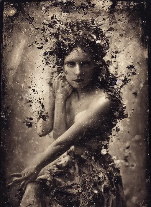 Image similar to old wetplate daguerreotype portrait of the birth of a female super hero, explosion of data fragments, fractal, intricate, elegant, highly detailed, parallax, leica, medium format, subsurface scattering, by jheronimus bosch and greg rutkowski and louis jacques mande daguerre