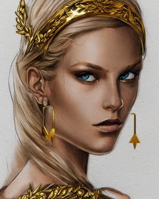 Image similar to tattoo design sketch of cute beautiful blonde super model as aphrodite greek goddess wearing a gold laurel wreath and triangle earrings, beautiful piercing gaze with sharp pupils, in the style of greg rutkowski, fantasy, amazing detail, epic, elegant, smooth, sharp focus, front view