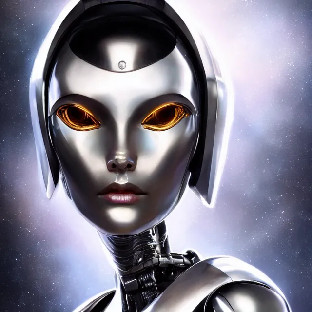 Prompt: close up portrait of beautiful futuristic female robot cyborg with silver chrome metallic imperfect shiny reflective skin wearing white armor, dark black space background, subsurface scattering, artistic, art by artgerm, greg rutkowski and alphonse mucha, artstation, octane render,