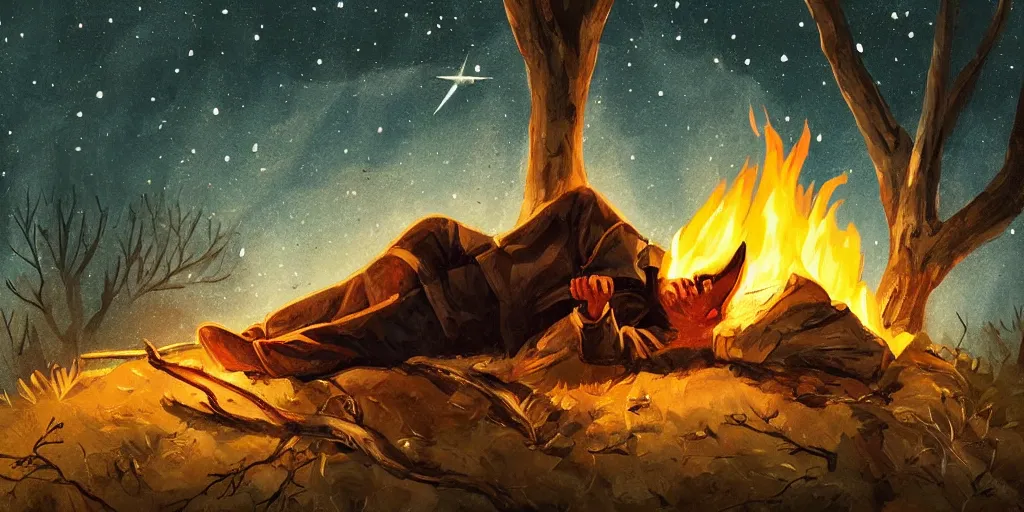 Prompt: in the old west, at a campfire at night, close up portrait of one sleeping bandit scoot mcnairy ( ( alone ) ) lying on a pile of branches, watches the stars in the style of george cortonis, art station, warm color palate, astral, grim