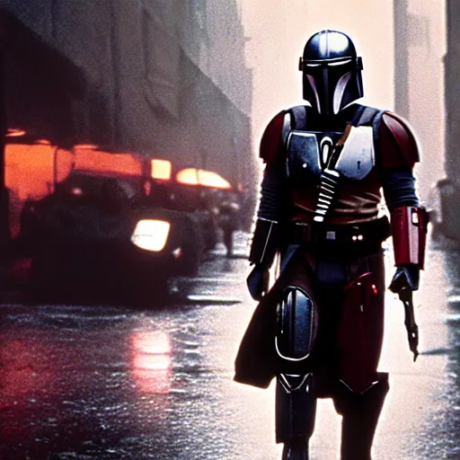 Image similar to Mandalorian in Blade Runner on a rainy city street with cars flying through the background