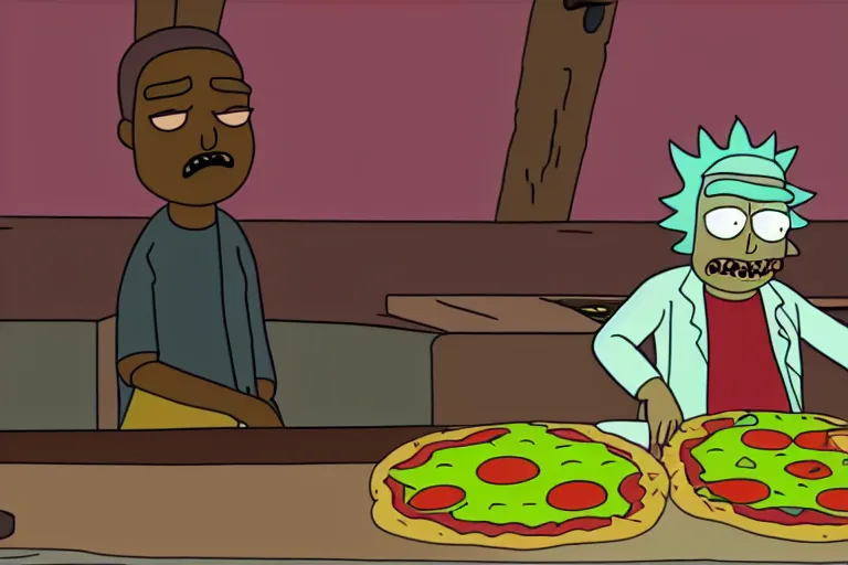 Image similar to kanye west making pizza in Rick and Morty, Rick and Morty