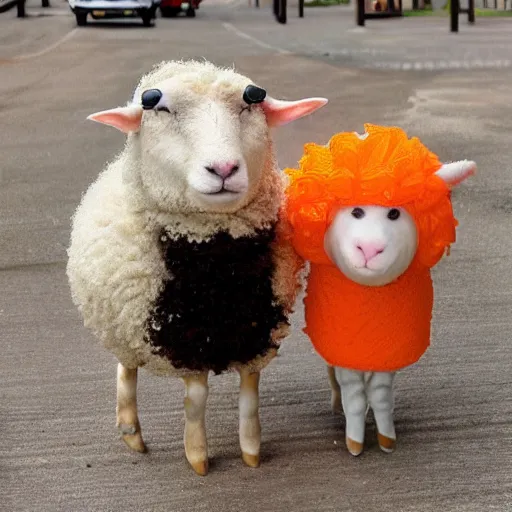 Image similar to cute sheep using orange inmate clothes