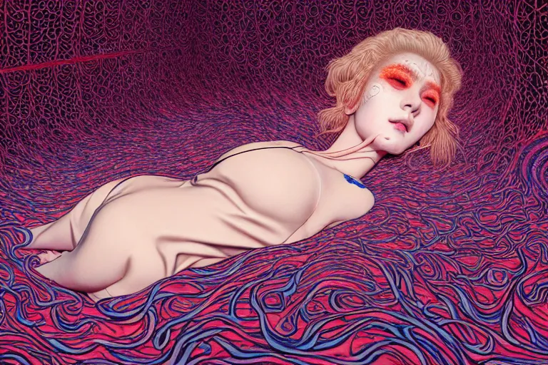 Image similar to realistic detailed image of a woman in a stray jacket laying in a padded room, conjuring psychedelic background, part by takato yamamoto, part by alex gray, ross tran, james jean, ultra realistic, octane render, highly detailed, very cohesive, 8 k, trending on artstation, cosmic, masterpiece