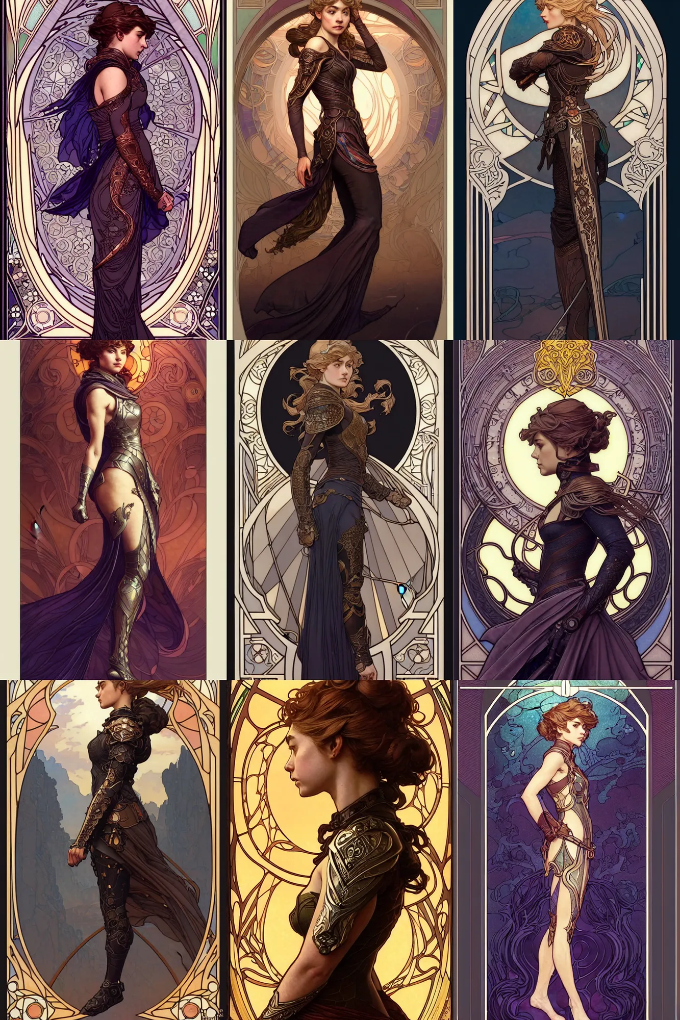 Prompt: full - body side profile portrait, imogen poots paladin, by artgerm, cushart krenz, greg rutkowski. art nouveau tarot card by mucha. gloomhaven. swirly intricate stained glass linework background. sharp edges. ultra clear detailed. 8 k. elegant. octane render