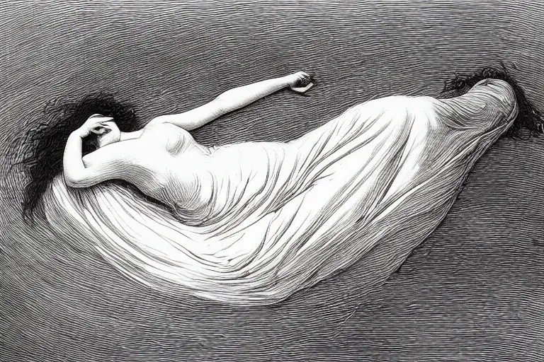 Image similar to black and white, young french woman sleeping in the flowfield, top view, Gustave Dore lithography