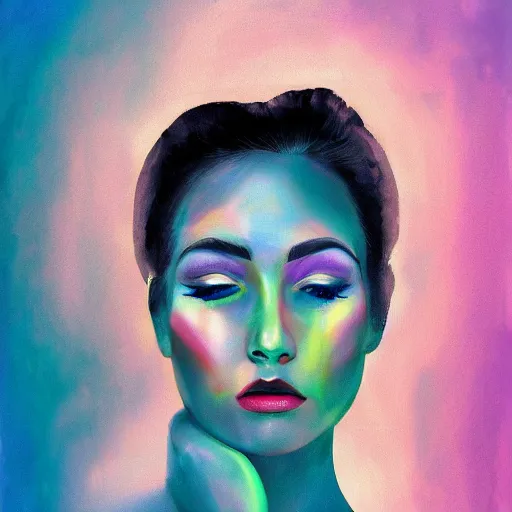 Image similar to painting of a beautiful woman's face, doorway to another world in the middle of her forehead, digital art