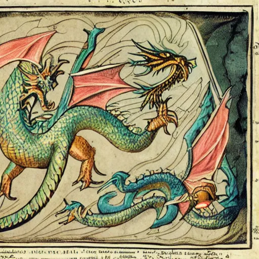 Prompt: scan of XVI century encyclopedia diagram presenting different dragon types, with informative text and diagrams