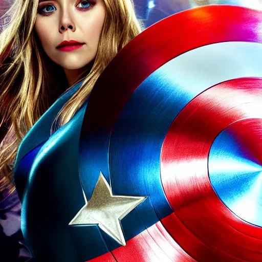 Prompt: Photorealistic art of Elizabeth Olsen as Captain America, full body, action shot, high definition, cinematic, realistic