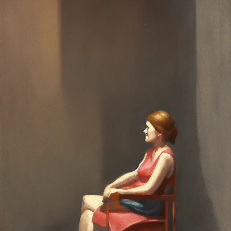 Prompt: woman sitting behind a chair, fog, early morning, , painted by Edward Hopper, painted by Wayne Barlow, airbrush