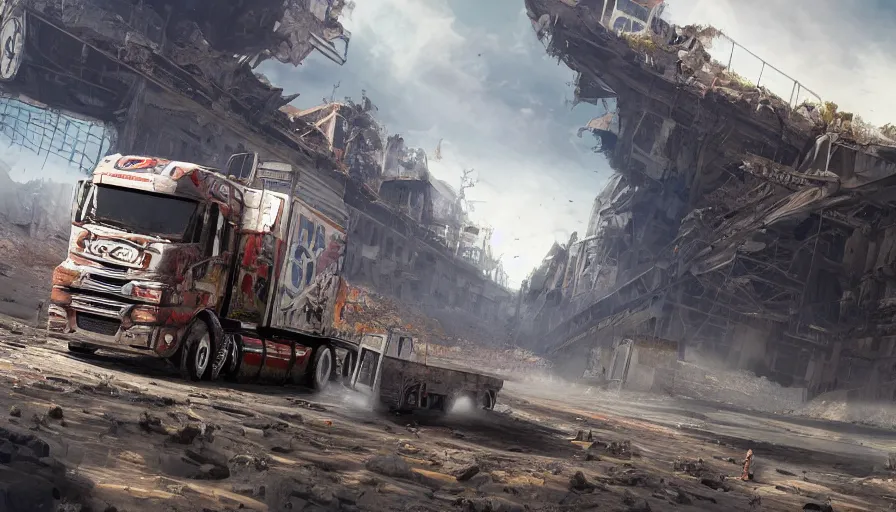 Prompt: Truck race in a ruined city, hyperdetailed, artstation, cgsociety, 8k