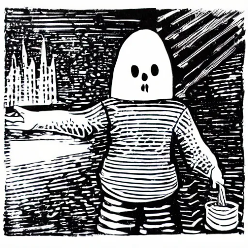 Image similar to linocut of a kid wearing a ghost costume