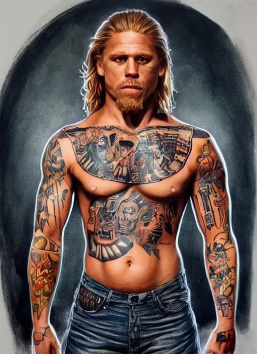 Prompt: photorealistic Portrait of frontal standing pose torso ofa more muscular version of Jax Teller, heavily tattoed. All his skin is covered by SAMCROW tattooes . Intricate, concept art, magic lighting overlays, magical portal opened, D&D!, fantasy style, sharp focus!, ultra detailed, art by Artgerm and Peter Andrew Jones, WLUP, Magali Villeneuve