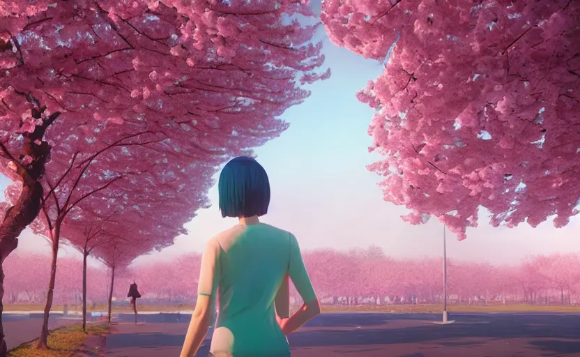 Prompt: woman looking at the cherry blossoms, Low level, rendered by Beeple, Makoto Shinkai, syd meade, simon stålenhag,, synthwave style, digital art, unreal engine, WLOP, trending on artstation, 4K UHD image, octane render,