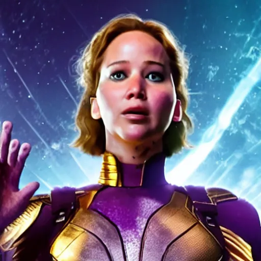 Image similar to Jennifer Lawrence as Thanos snapping his fingers with the eye of sauron in the background, 8k, high detail