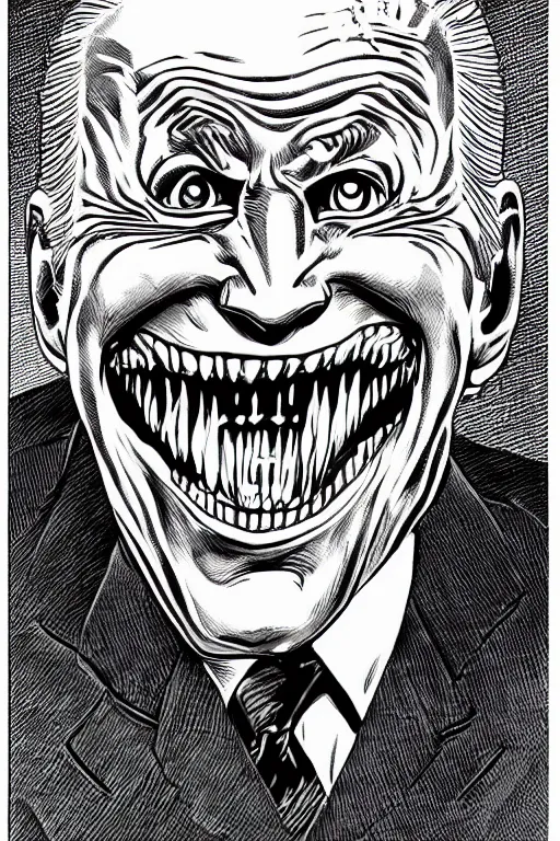 Prompt: joe biden evil grin, horror, terrifying artwork, monster, artwork by junji ito, black and white manga