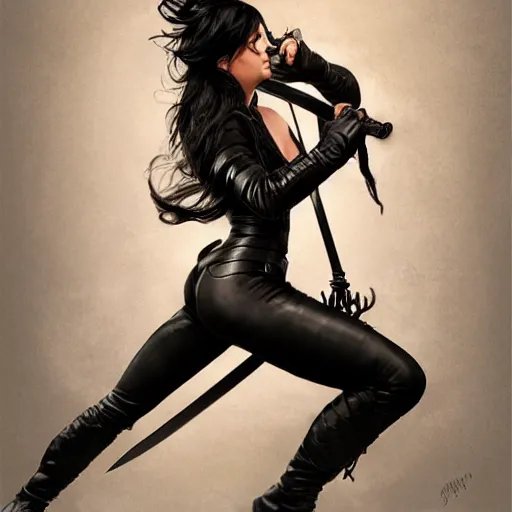 Image similar to an action photo of a black haired woman in a black leather jacket in a swordfight, muscular upper body, abs, d & d, fantasy, intricate, elegant, highly detailed, digital painting, artstation, concept art, smooth, sharp focus, illustration, art by artgerm and greg rutkowski and alphonse mucha