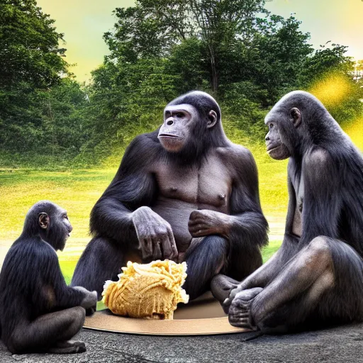 Image similar to apes sitting in a circle around a huge ice cream cone cinematic hdr realistic