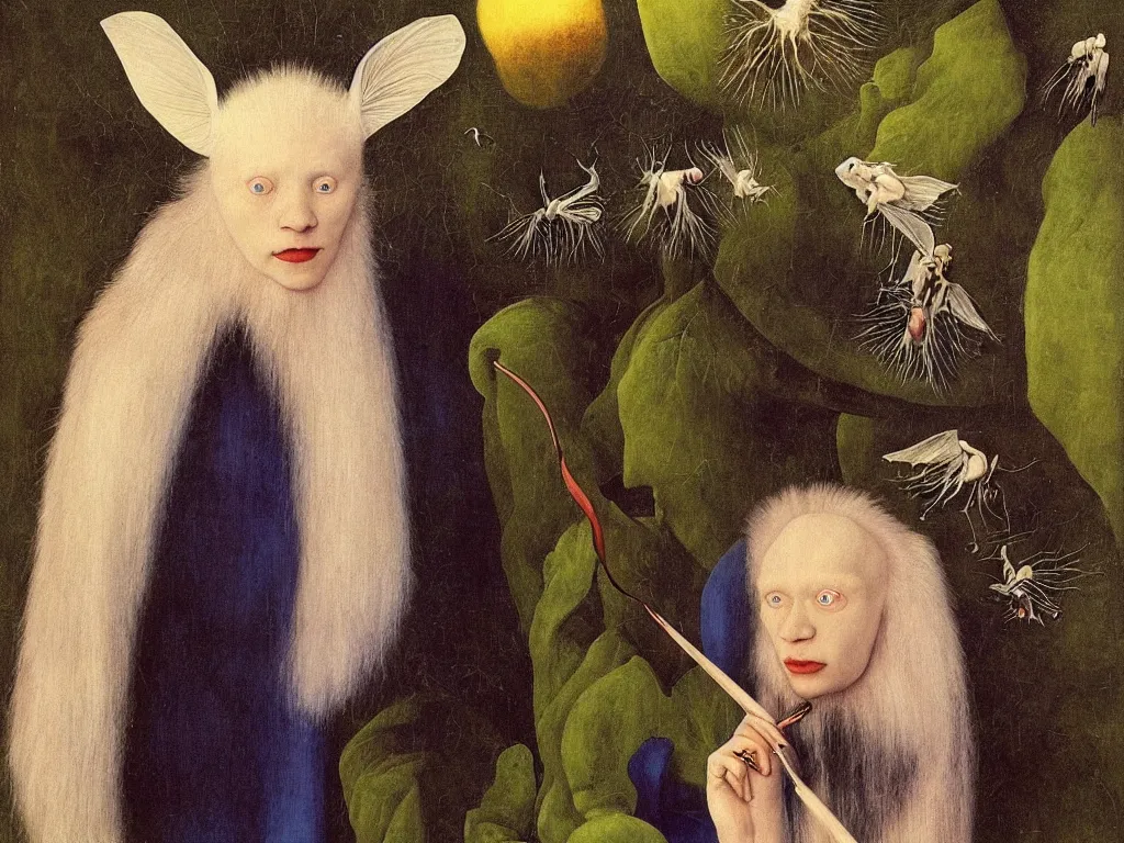 Image similar to Portrait of albino mystic with blue eyes, with beautiful exotic white fluffy bat, long antennae, giant ears. Night, fireflies. Painting by Jan van Eyck, Audubon, Rene Magritte, Agnes Pelton, Max Ernst, Walton Ford