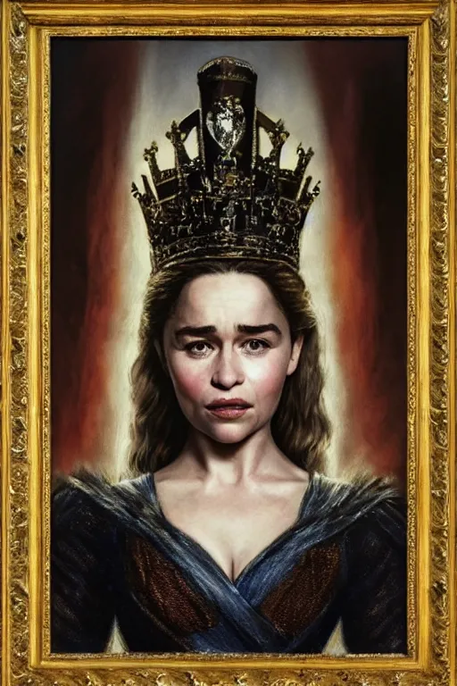 Image similar to Emilia Clarke as a queen in a painting hanging on the wall